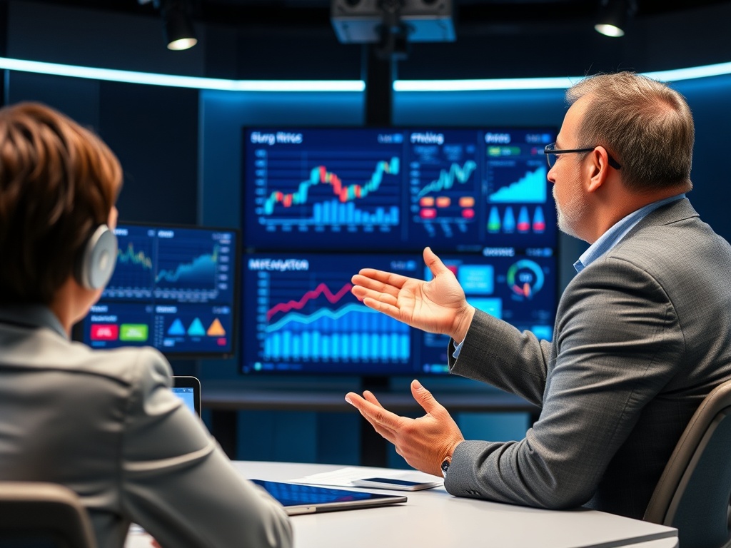 Два человека обсуждают графики на экранах в современном офисе, один говорит с жестами, другой слушает.