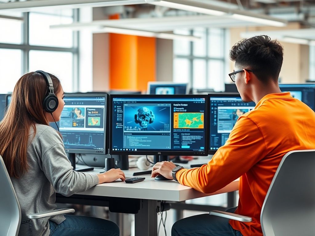 Два человека за компьютерами в офисе, работают с данными и графикой, один в наушниках.