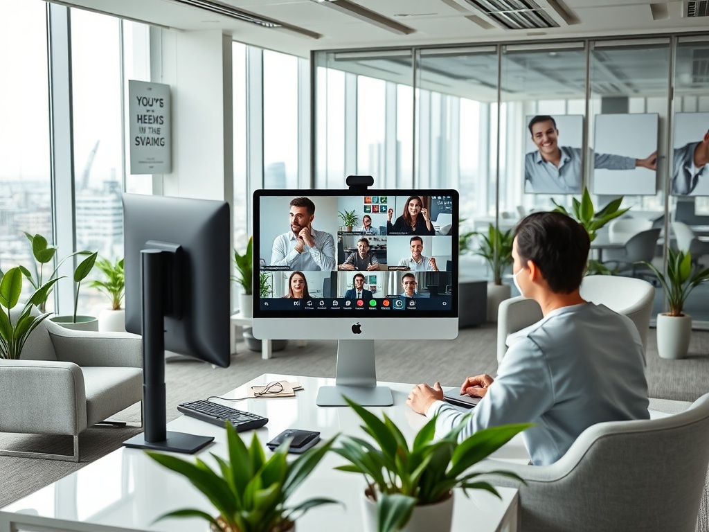 Человек участвует в видеозвонке на компьютере в современном офисе с растениями вокруг.