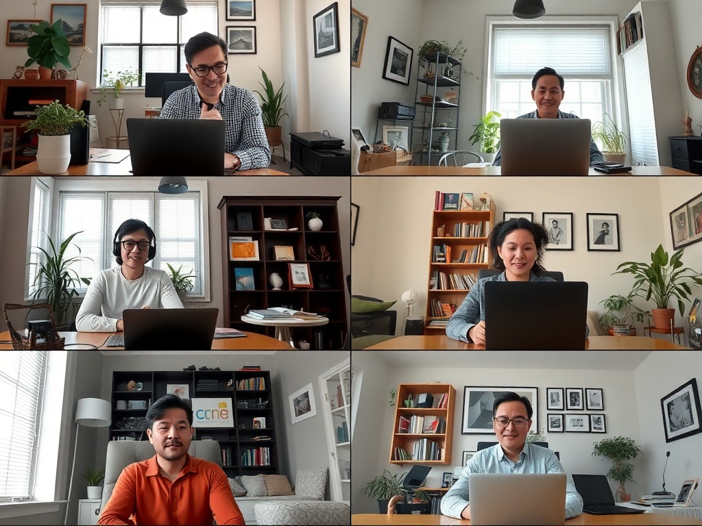 Виртуальная встреча: шесть человек за компьютерами в уютных офисах. Каждый улыбается и смотрит в камеру.