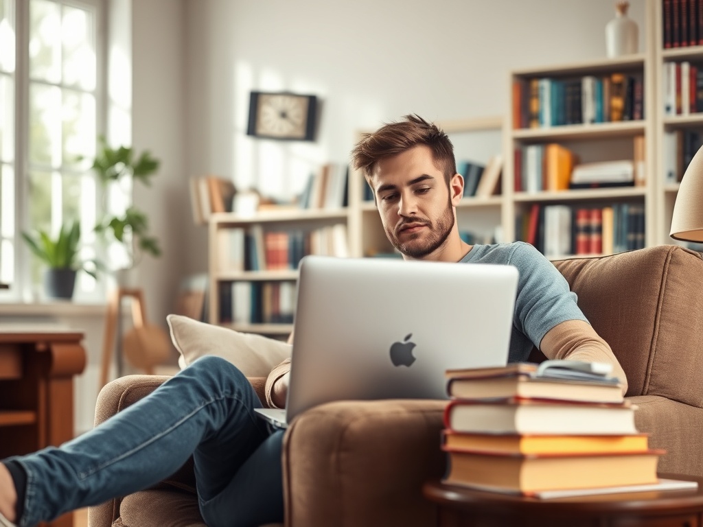 Молодой человек сидит на диване с ноутбуком, вокруг книги и уютная обстановка.