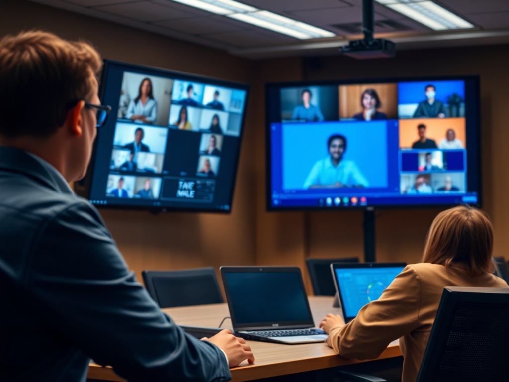 На изображении – онлайн-встреча с участниками на экране и двумя людьми, сидящими за столом.